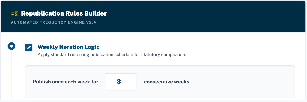 Notiss Republication Rules Builder — automated frequency engine for statutory compliance scheduling
